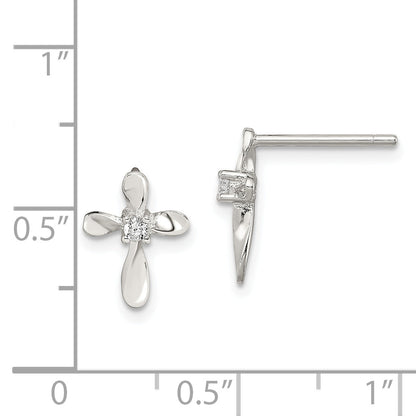 Sterling Silver Rhodium-Plated Polished Cz Cross Post Earrings