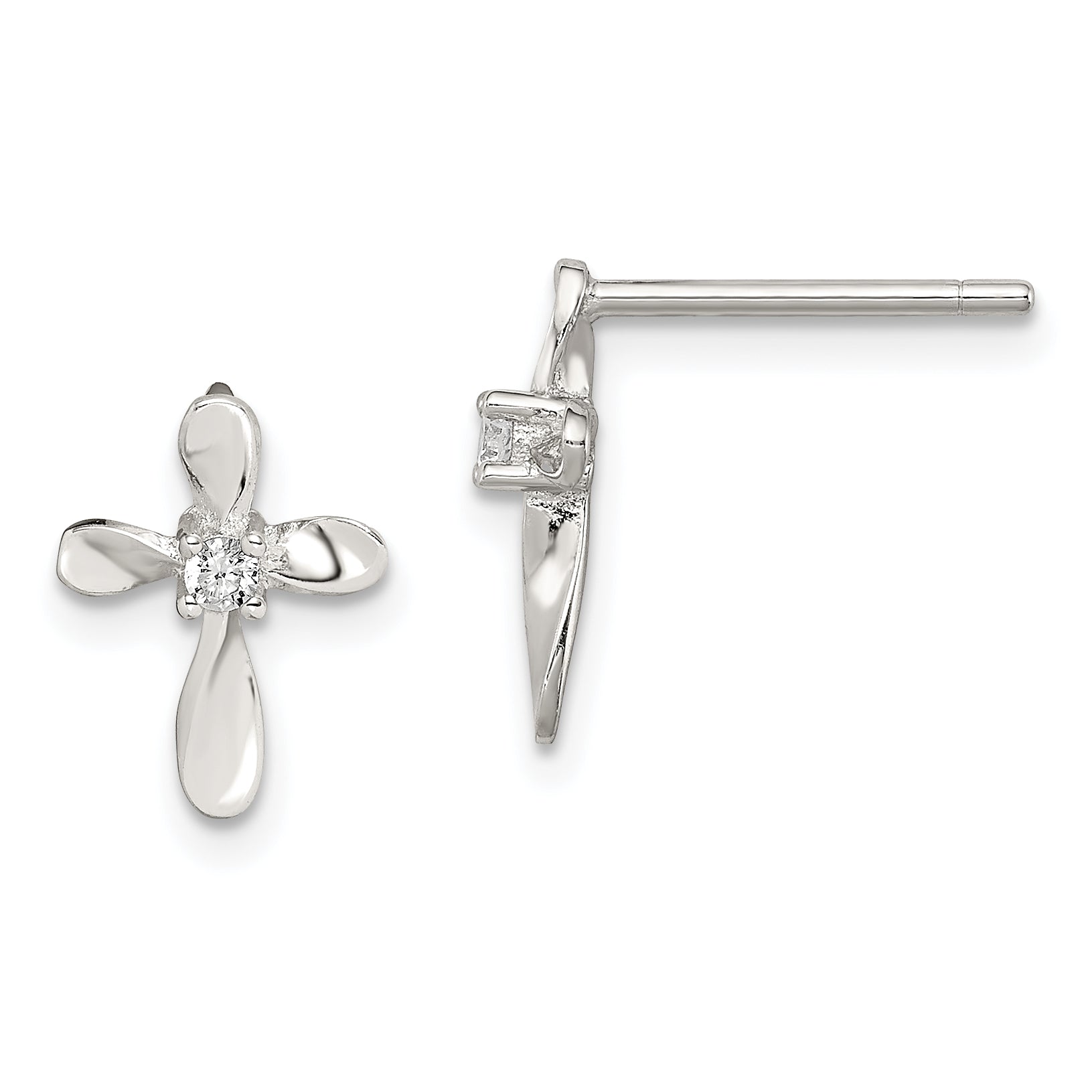 Sterling Silver Rhodium-Plated Polished Cz Cross Post Earrings