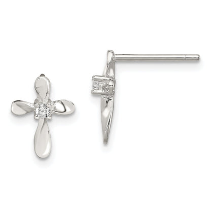 Sterling Silver Rhodium-Plated Polished Cz Cross Post Earrings