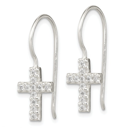 Sterling Silver Polished Cz Latin Cross Dangle Earrings
