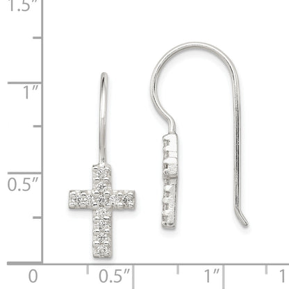 Sterling Silver Polished Cz Latin Cross Dangle Earrings