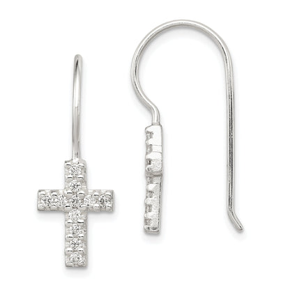 Sterling Silver Polished Cz Latin Cross Dangle Earrings