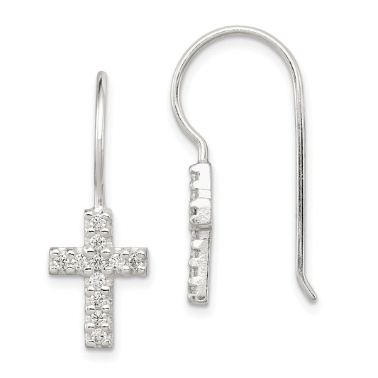 Sterling Silver Polished Cz Latin Cross Dangle Earrings