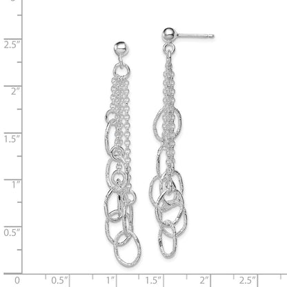 Sterling Silver Rh-Plated Polished Textured Oval & Chain Post Dangle Earrin