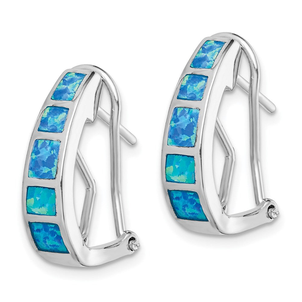 Sterling Silver Rhodium-Plated Polished Blue Created Opal Inlay J-Hoop Earrings