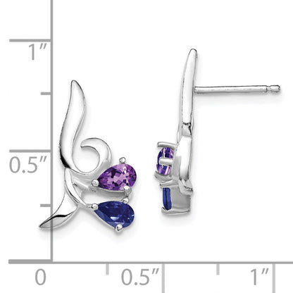 Sterling Silver Rhodium Plated Polished Amethyst And Iolite Post Earrings