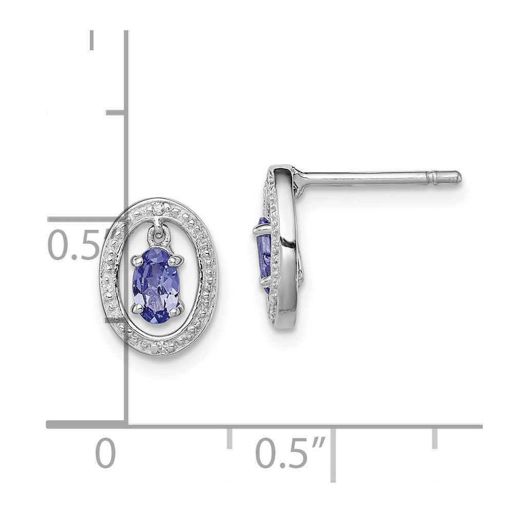 Sterling Silver Rhodium Plated Diamond & Tanzanite Oval Post Earrings