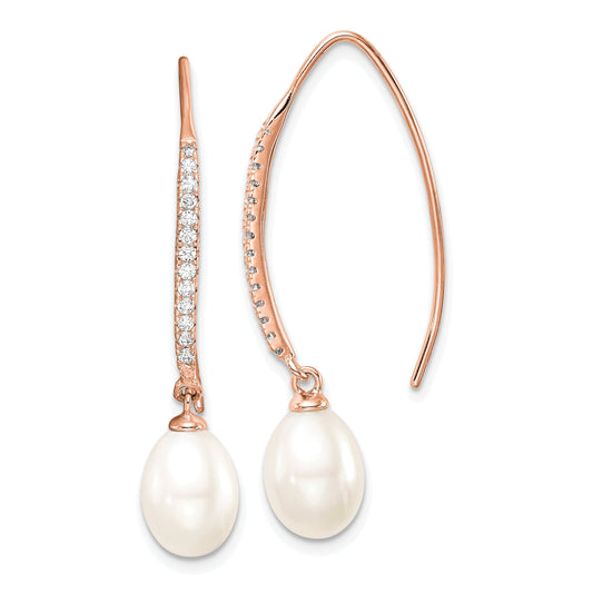 Sterling Silver Rose-Tone Polished White 7-8mm Freshwater Cultured Pearl & Cz Threader Earrings