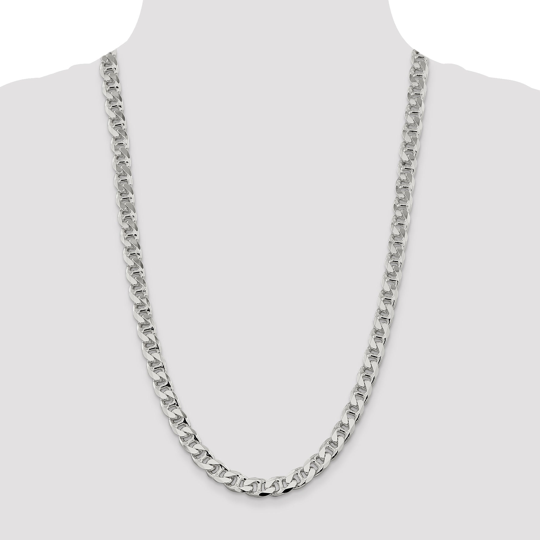 26 Inch Sterling Silver 9mm D/C Flat Anchor Curb Chain Necklace