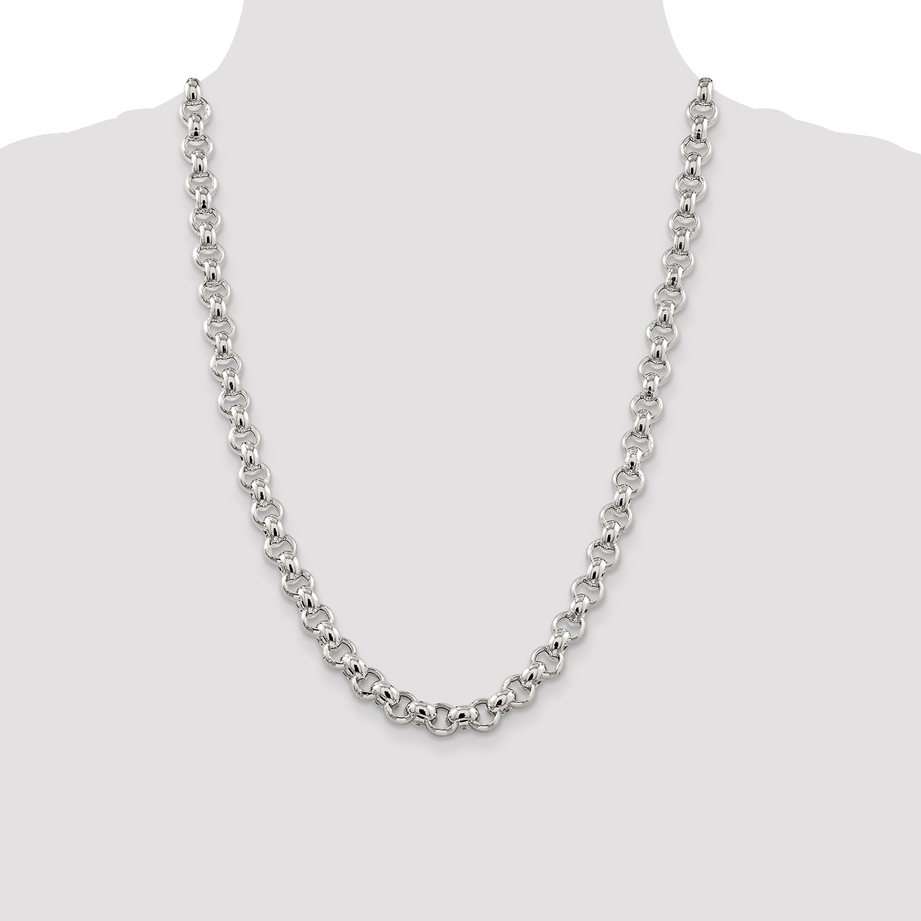 24 Inch Sterling Silver 9.5mm Semi-Solid Rolo Chain Necklace