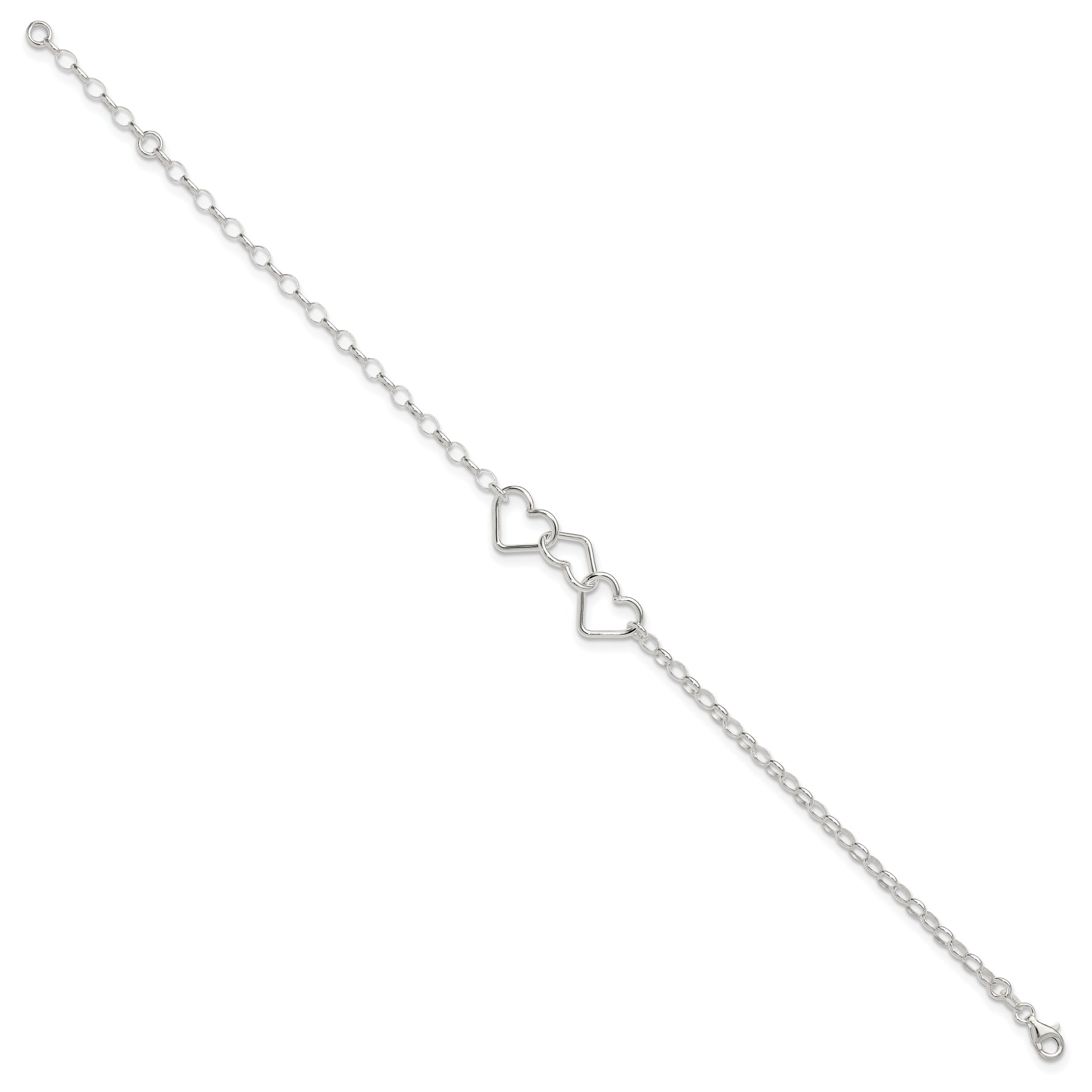 8 Inch Sterling Silver In Plus 1In Ext Interlocking Hearts Rolo Chain Anklet