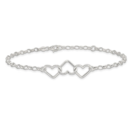 8 Inch Sterling Silver In Plus 1In Ext Interlocking Hearts Rolo Chain Anklet