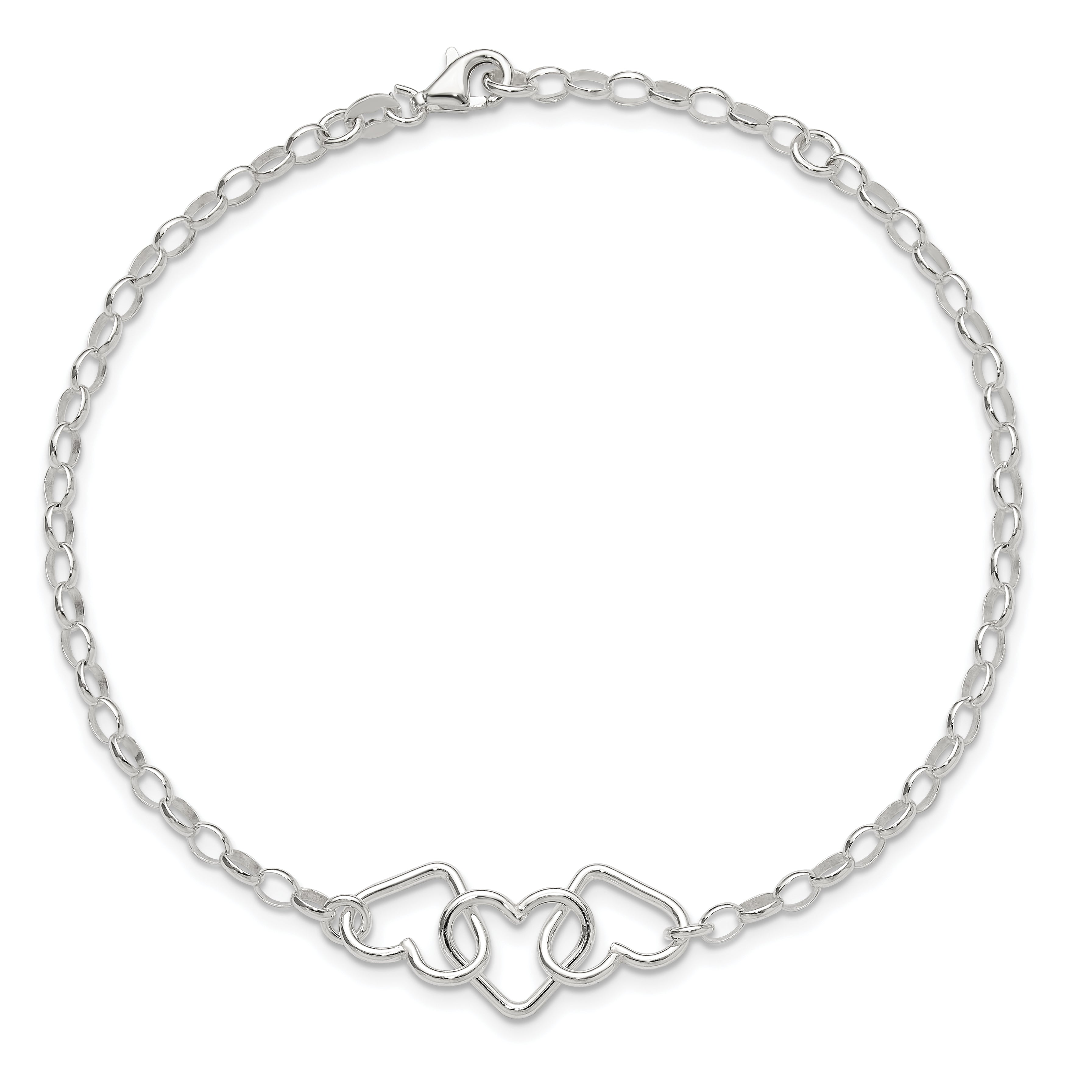 8 Inch Sterling Silver In Plus 1In Ext Interlocking Hearts Rolo Chain Anklet