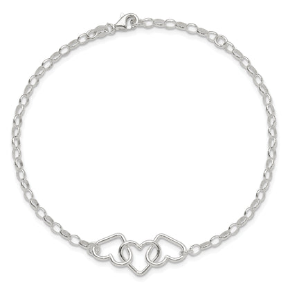 8 Inch Sterling Silver In Plus 1In Ext Interlocking Hearts Rolo Chain Anklet