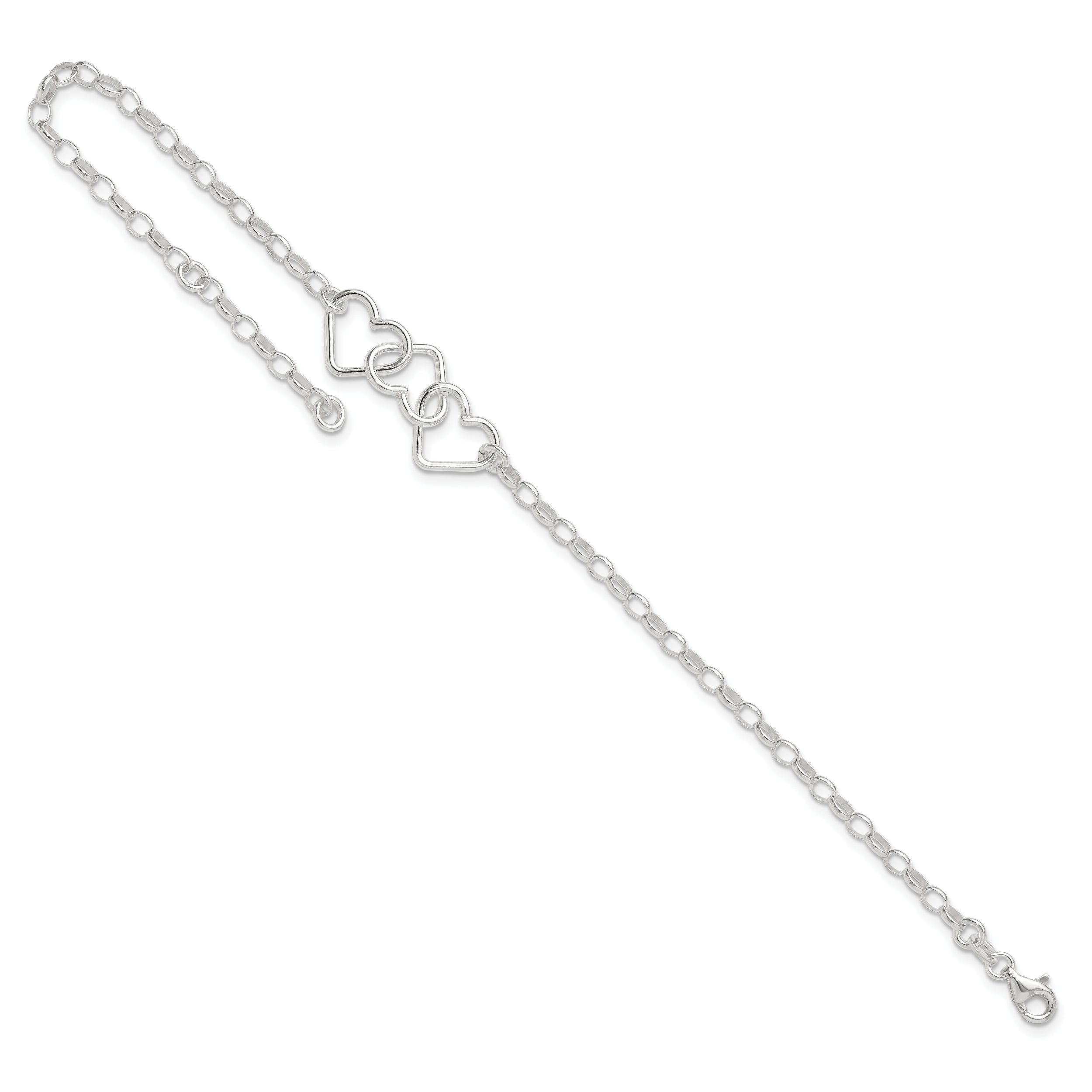 8 Inch Sterling Silver In Plus 1In Ext Interlocking Hearts Rolo Chain Anklet