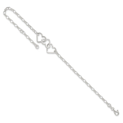 8 Inch Sterling Silver In Plus 1In Ext Interlocking Hearts Rolo Chain Anklet