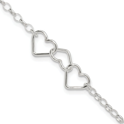 8 Inch Sterling Silver In Plus 1In Ext Interlocking Hearts Rolo Chain Anklet