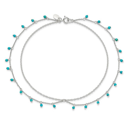 10 Inch Sterling Silver Turquoise Beads Double Chain Anklet