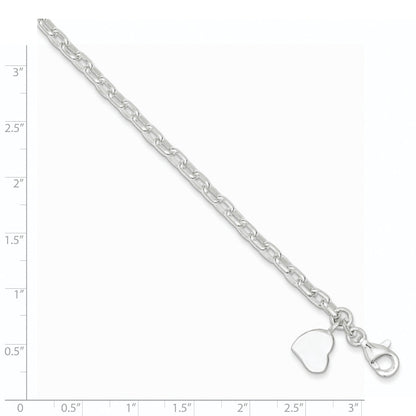 7 Inch Sterling Silver Oval Rolo With Solid Engraveable Heart Bracelet