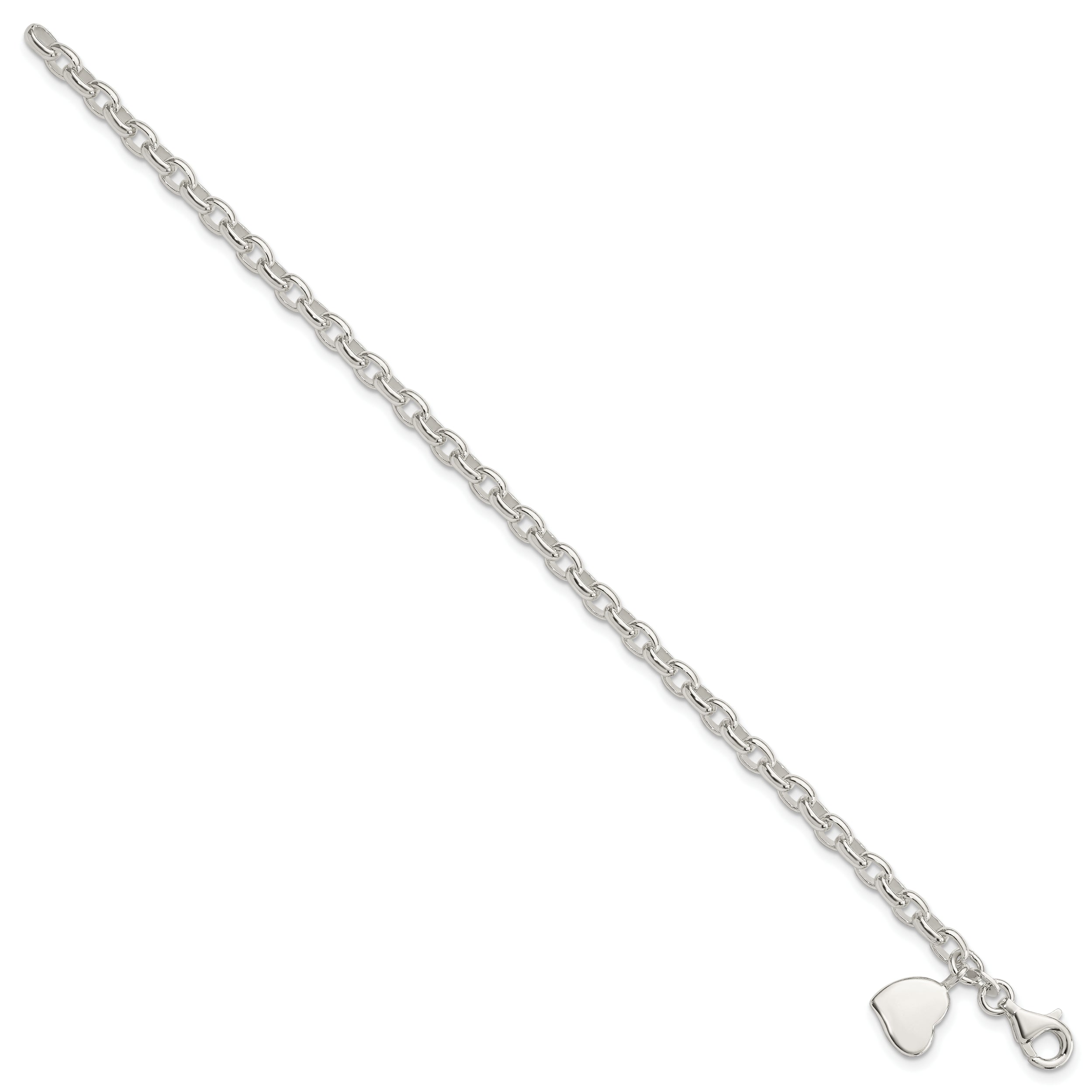 7 Inch Sterling Silver Oval Rolo With Solid Engraveable Heart Bracelet