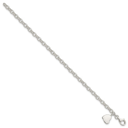 7 Inch Sterling Silver Oval Rolo With Solid Engraveable Heart Bracelet