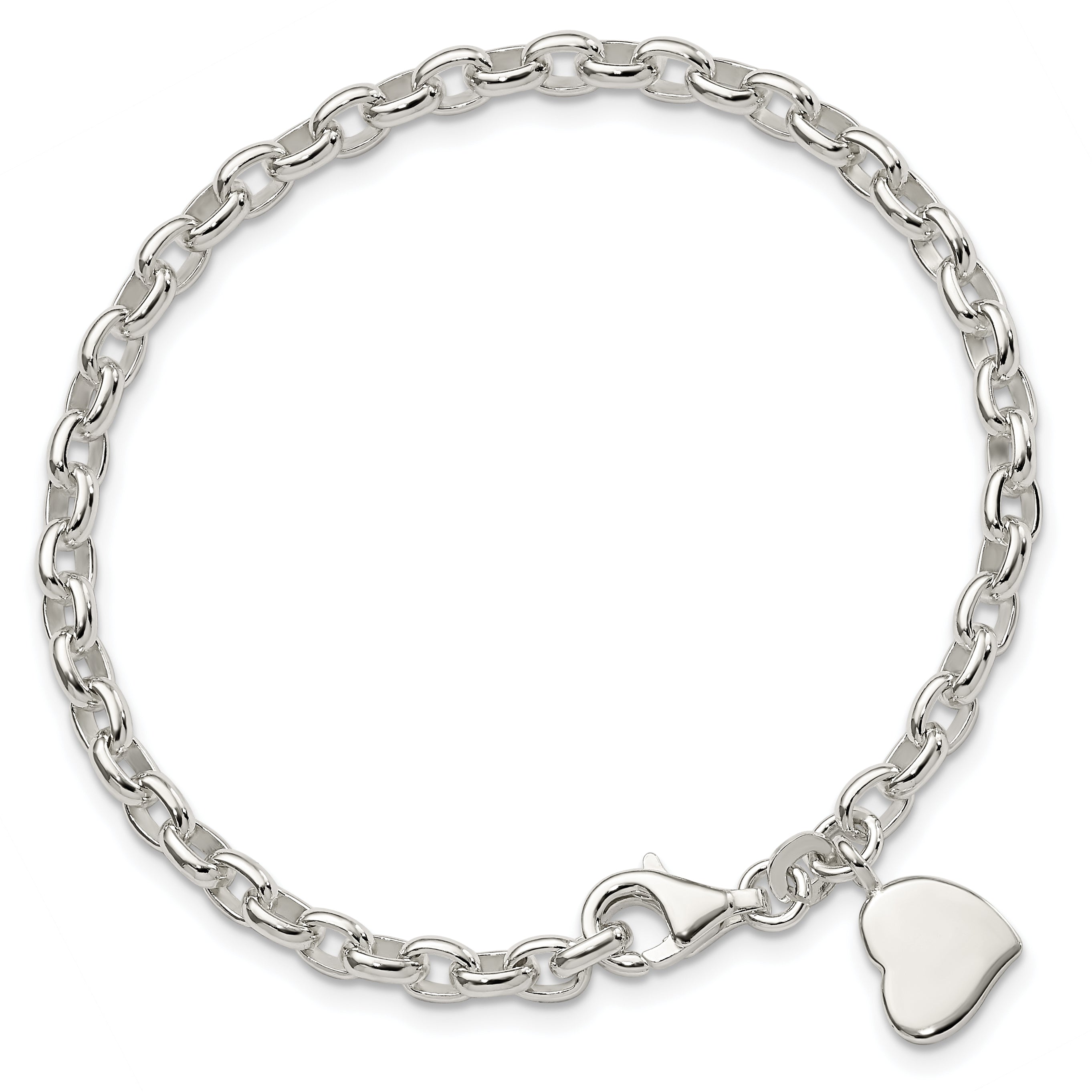 7 Inch Sterling Silver Oval Rolo With Solid Engraveable Heart Bracelet