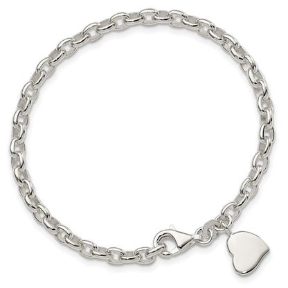 7 Inch Sterling Silver Oval Rolo With Solid Engraveable Heart Bracelet