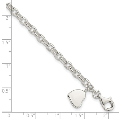 7 Inch Sterling Silver Oval Rolo With Solid Engraveable Heart Bracelet