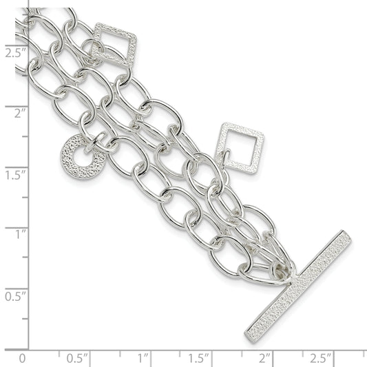 7 Inch Sterling Silver Textured Geometric Dangles Multi-Chain Bracelet