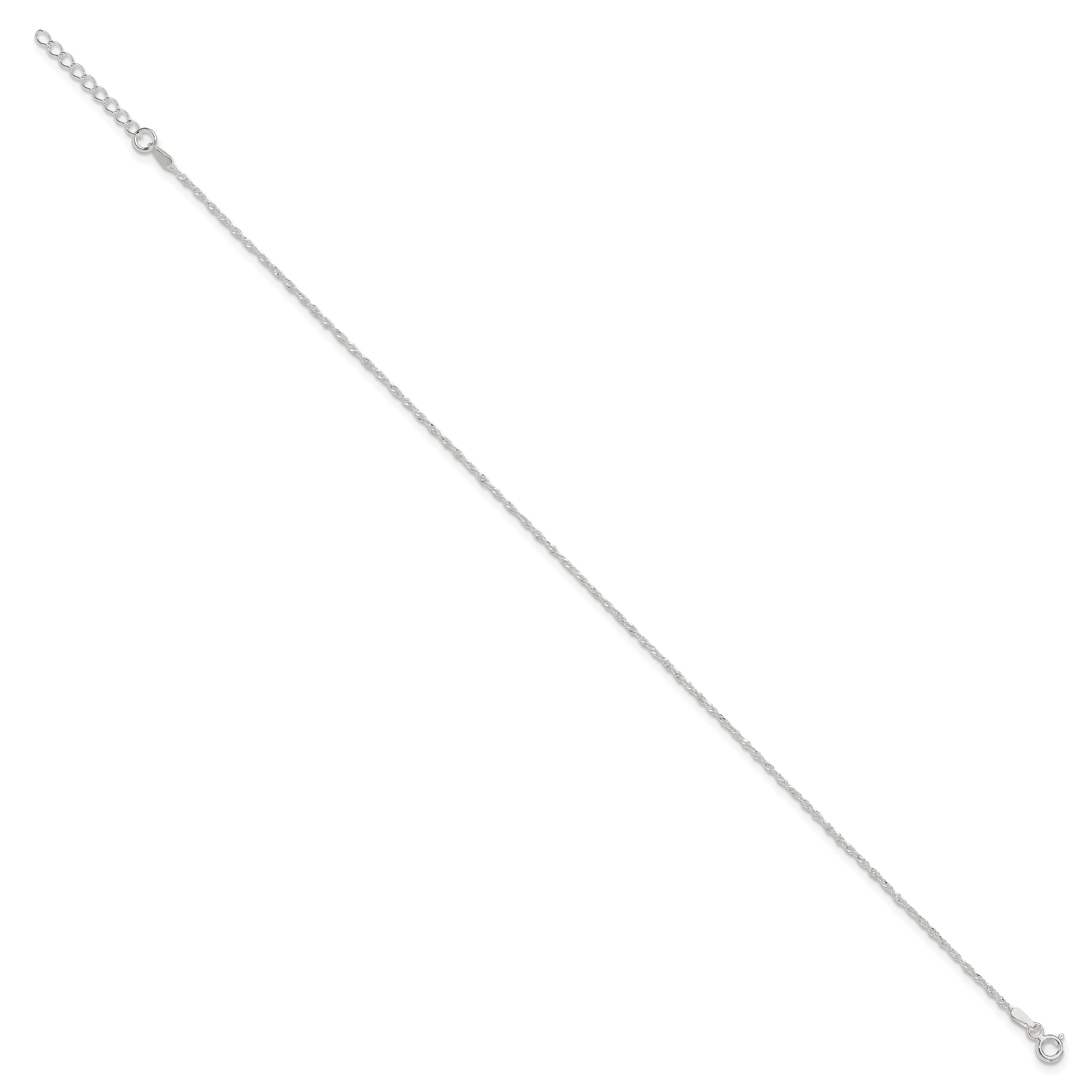 9 Inch Sterling Silver 1.3mm Singapore 9In Plus 1In Ext. Chain Anklet