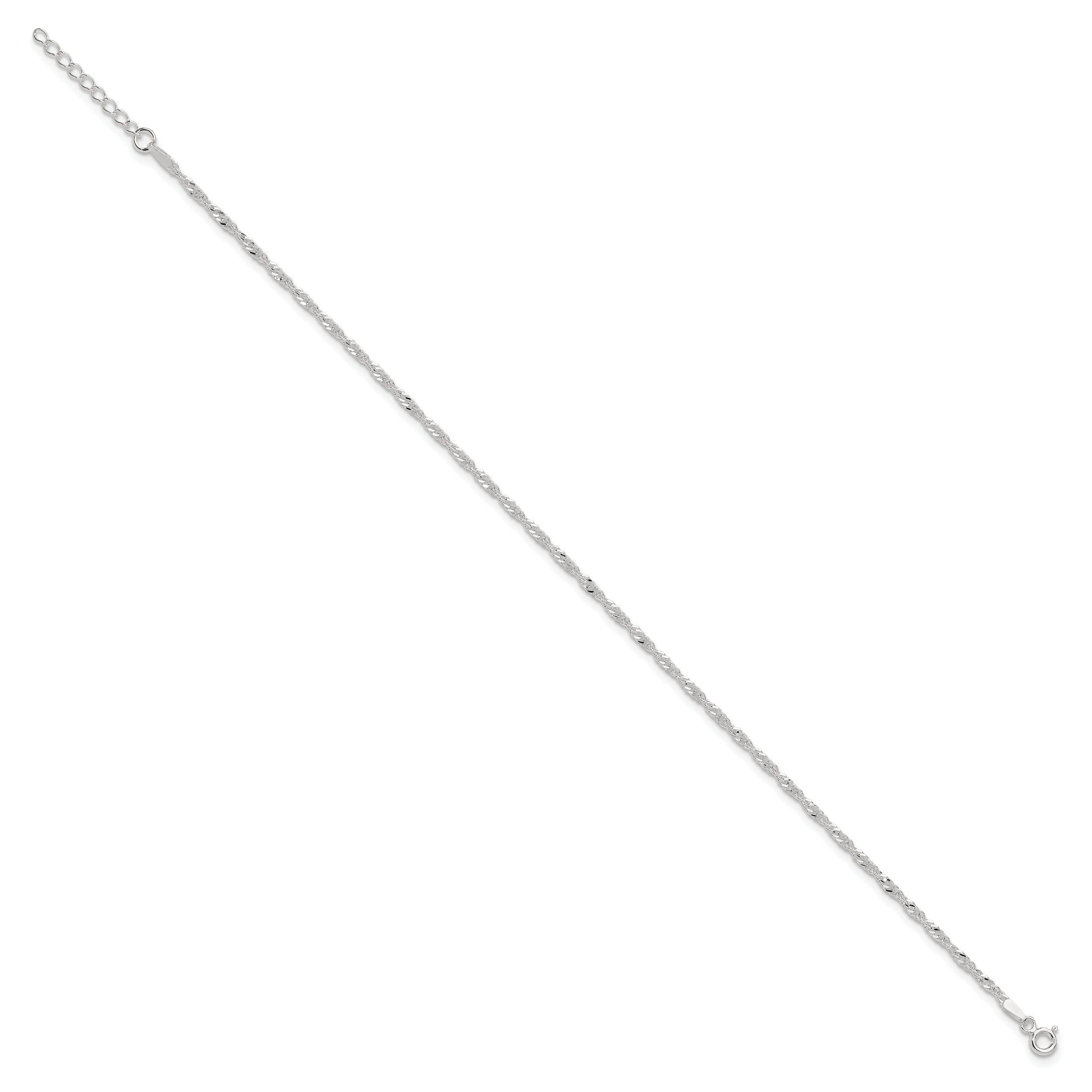 9 Inch Sterling Silver 2mm Singapore 9In Plus 1In Ext. Chain Anklet