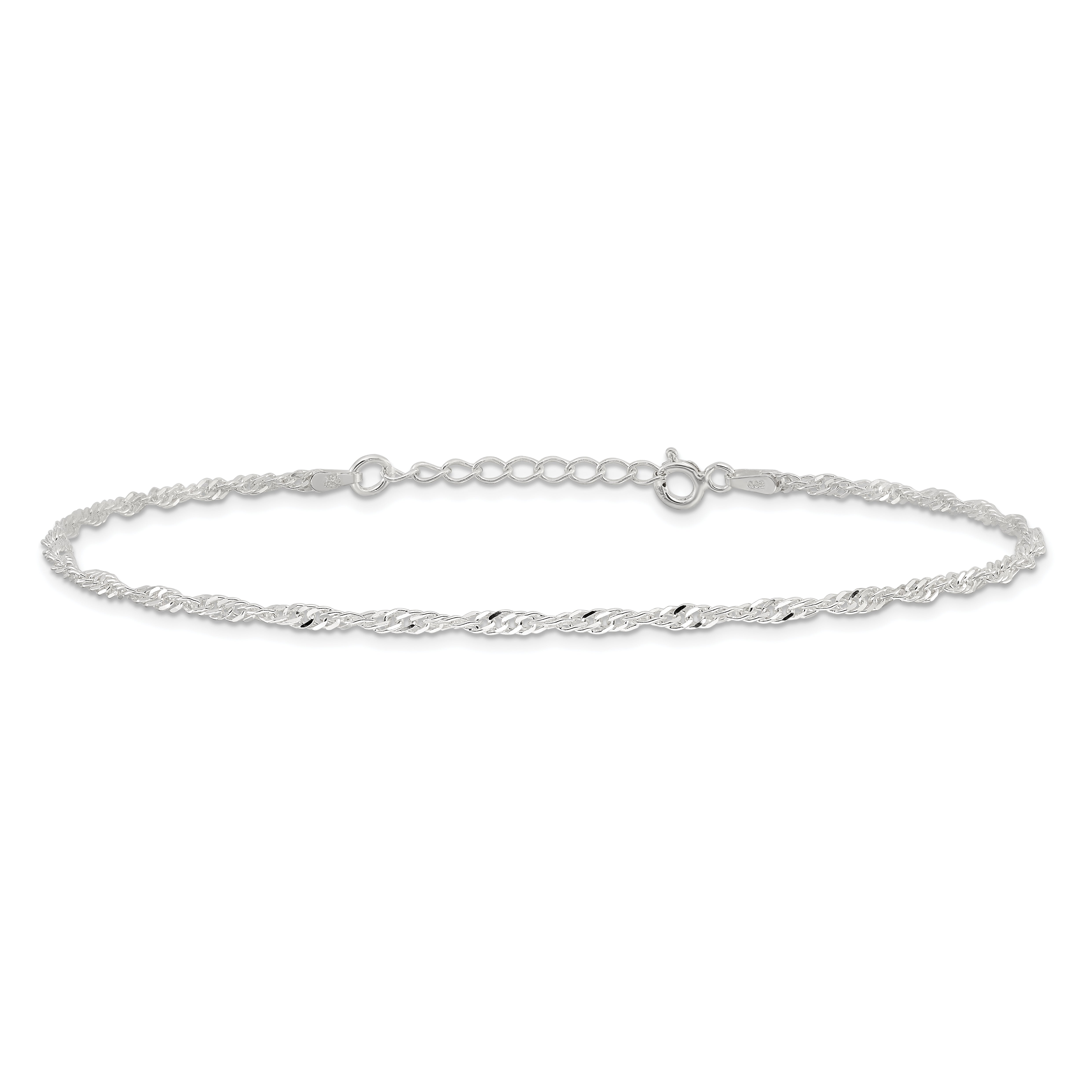 9 Inch Sterling Silver 2mm Singapore 9In Plus 1In Ext. Chain Anklet
