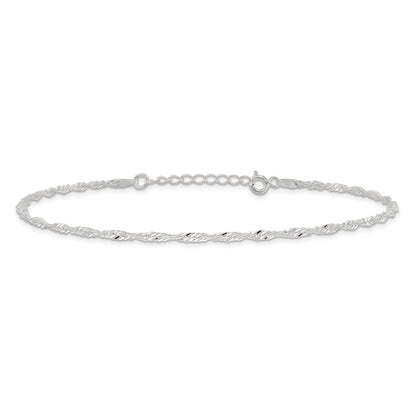 9 Inch Sterling Silver 2mm Singapore 9In Plus 1In Ext. Chain Anklet