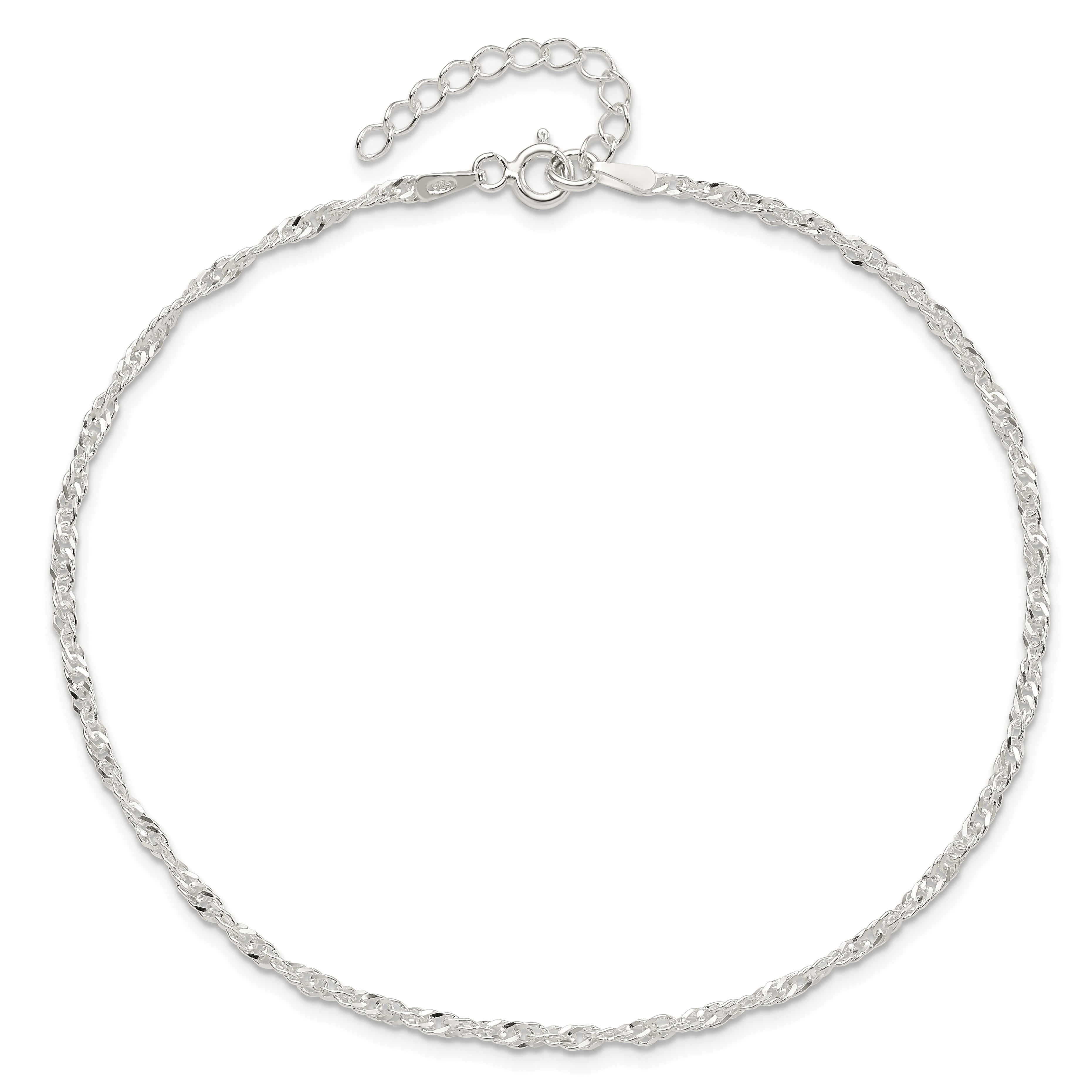 9 Inch Sterling Silver 2mm Singapore 9In Plus 1In Ext. Chain Anklet