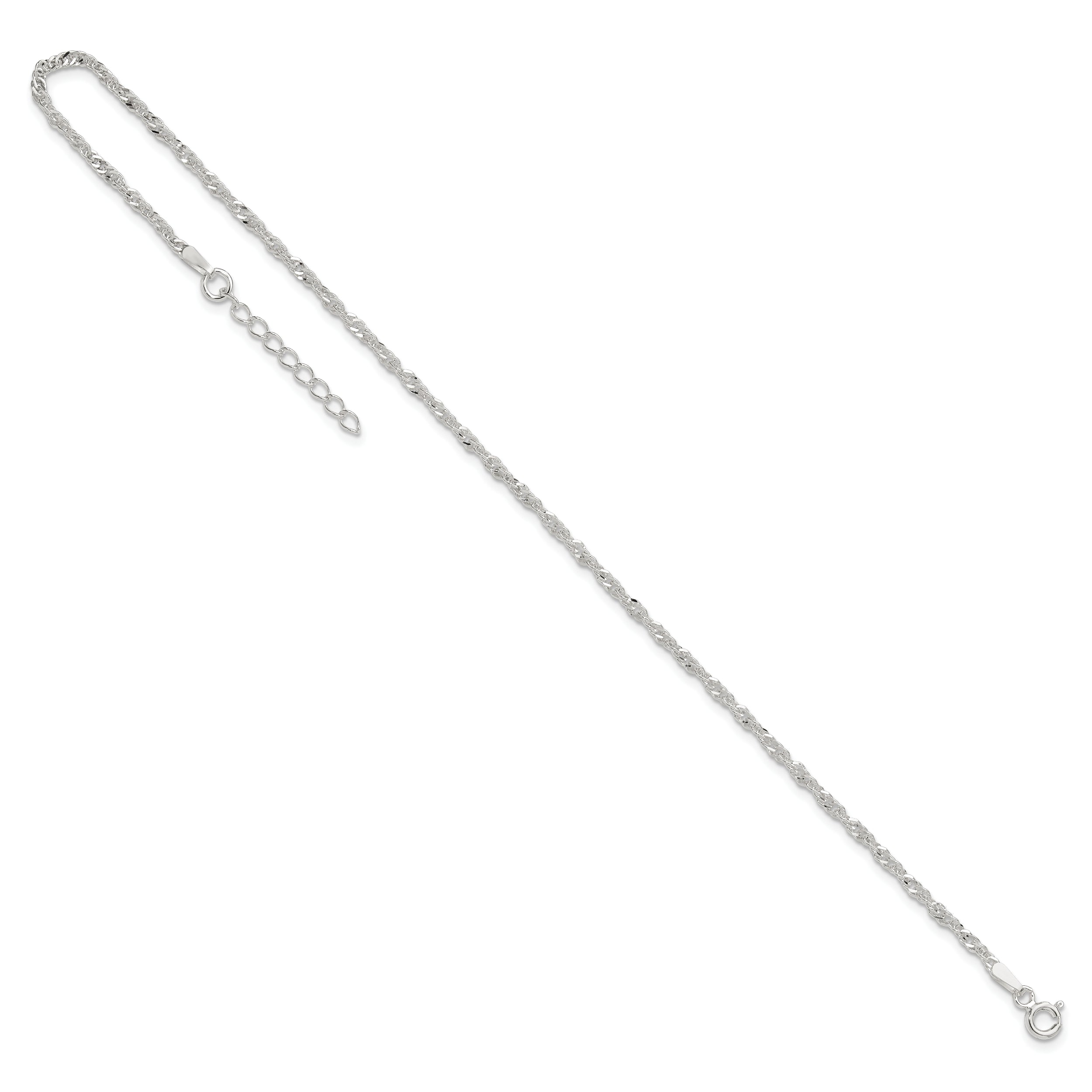 9 Inch Sterling Silver 2mm Singapore 9In Plus 1In Ext. Chain Anklet