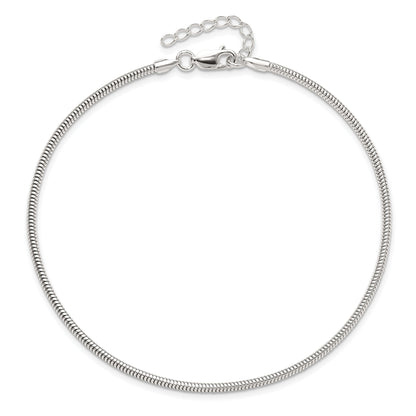 9 Inch Sterling Silver 2mm Snake Chain 9In Plus 1In Ext. Anklet