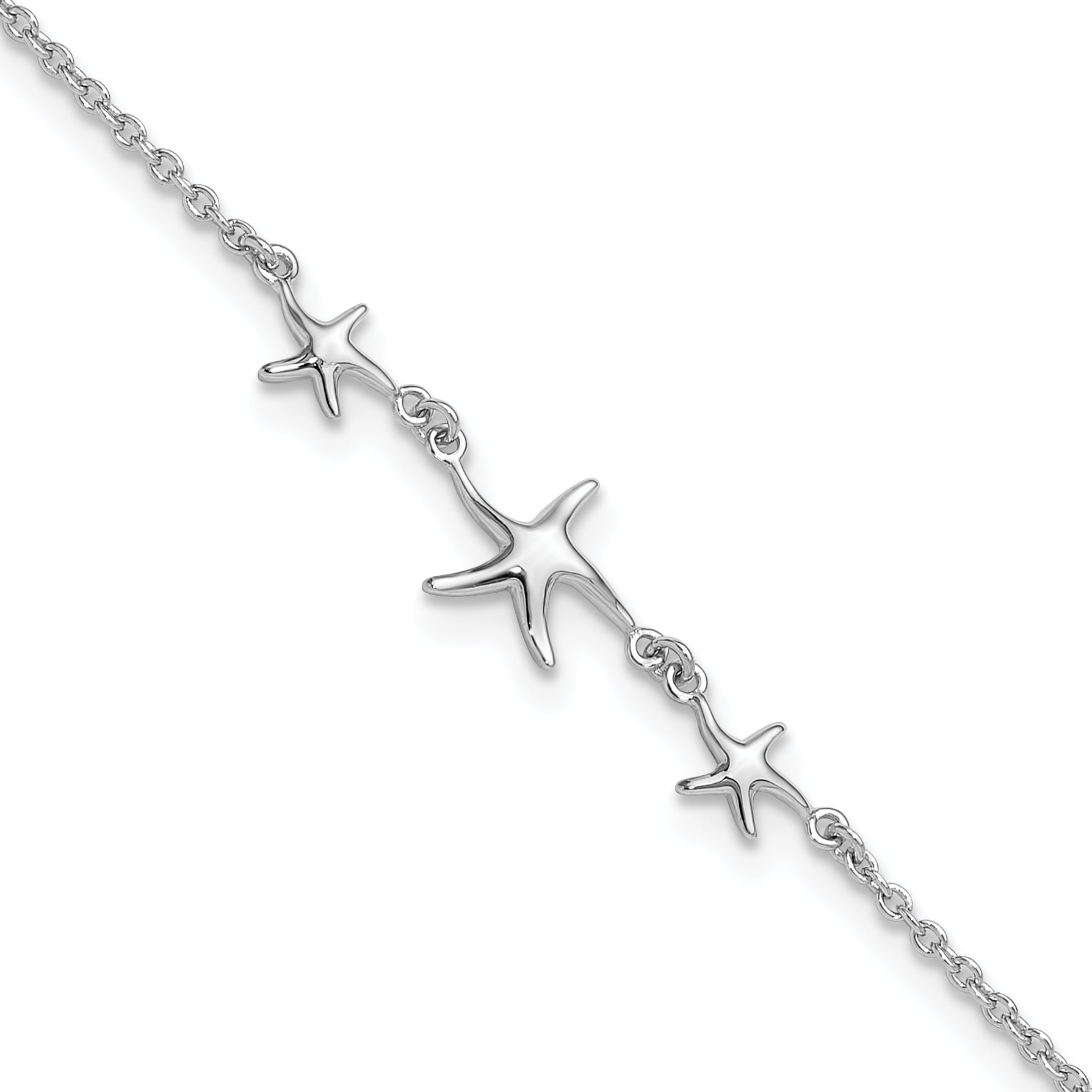 Sterling Silver Rhodium-Plated 10In W/1In Ext Three Stars Anklet