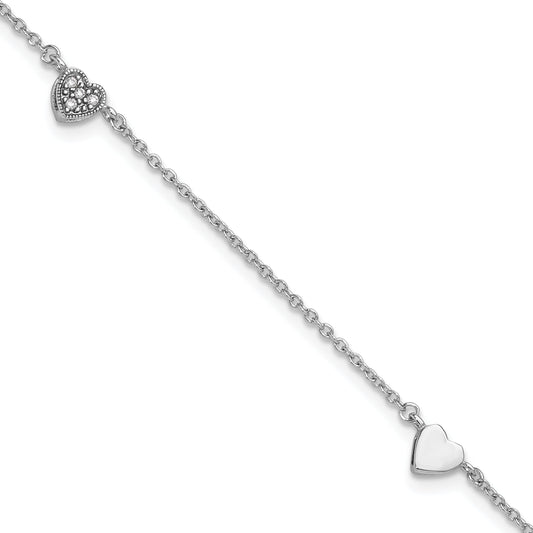 Sterling Silver Rhodium-Plated Cz 9In Plus 1In Ext Heart Anklet
