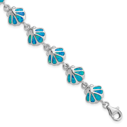 7 Inch Sterling Silver Rhodium-Plated 7In Created Blue Opal Inlay Shell Bracelet