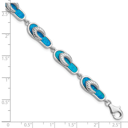 7 Inch Sterling Silver Rhodium-Plated 7In Created Blue Opal Inlay Sandal Bracelet