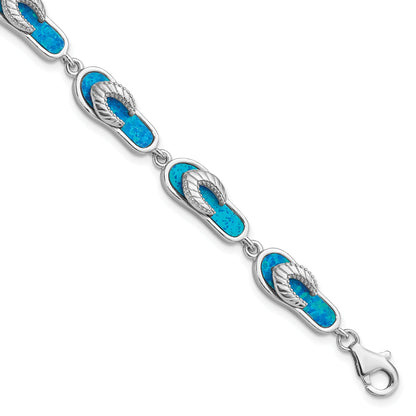 7 Inch Sterling Silver Rhodium-Plated 7In Created Blue Opal Inlay Sandal Bracelet