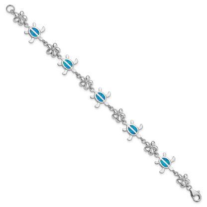 Sterling Silver Rhodium-Plated Polished 7 Inch Created Blue Opal Tortoise With Flower Bracelet