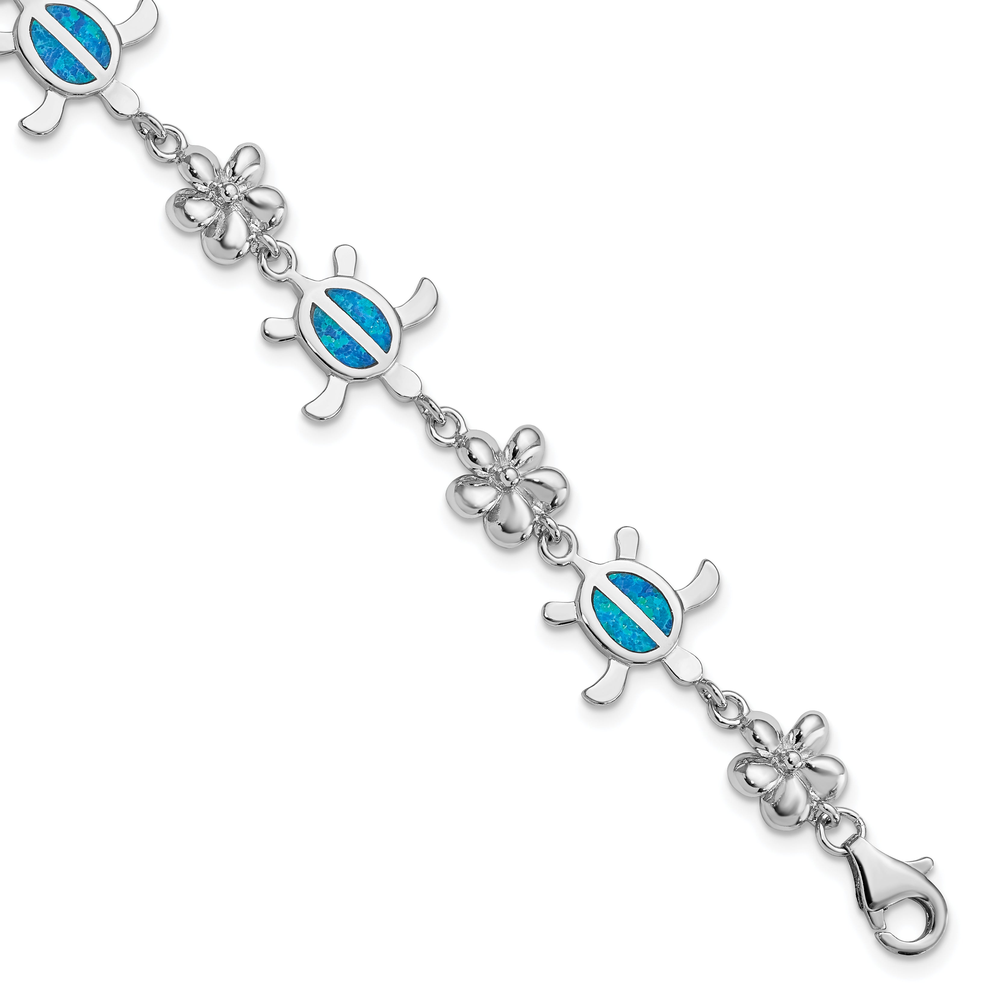 Sterling Silver Rhodium-Plated Polished 7 Inch Created Blue Opal Tortoise With Flower Bracelet