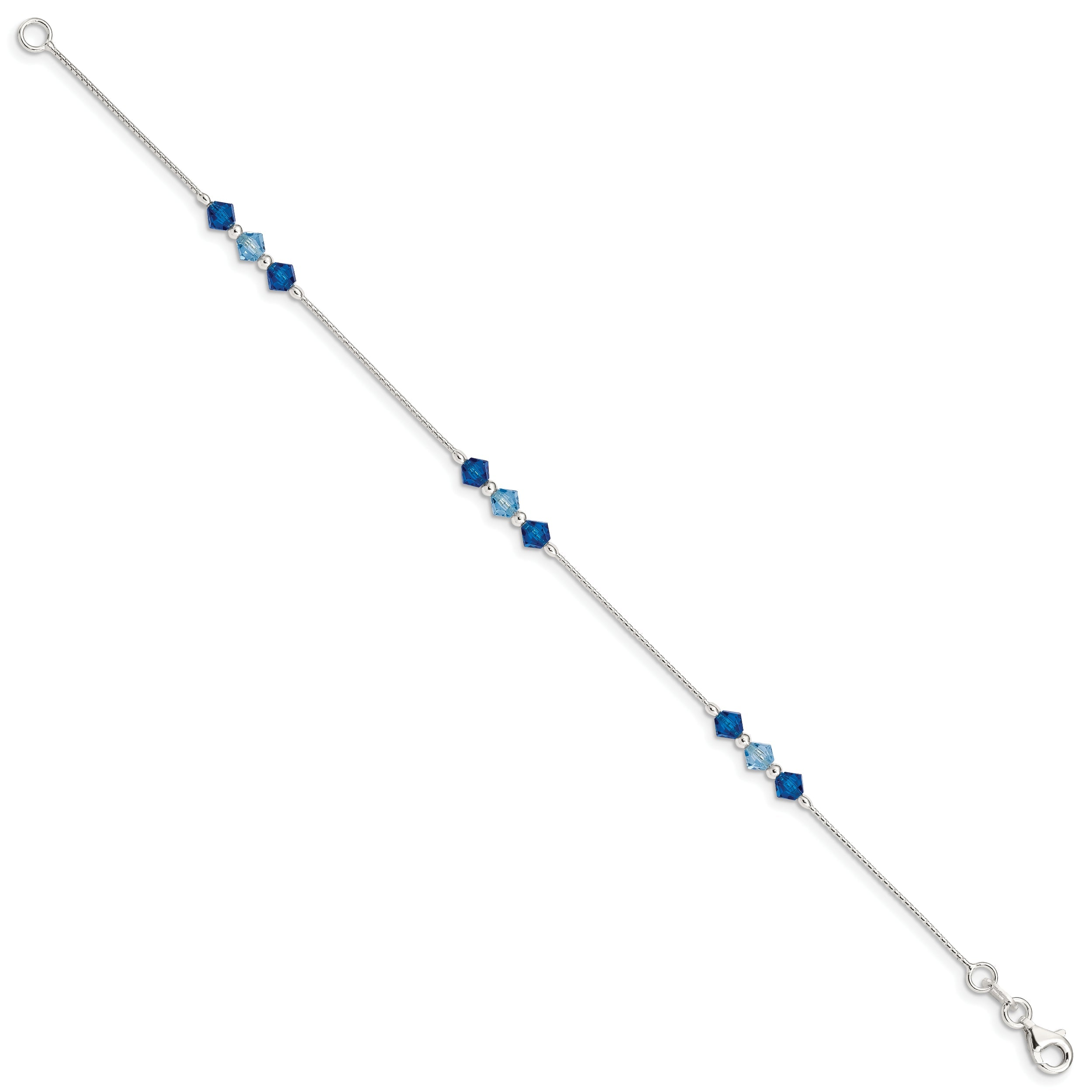 7.5 Inch Sterling Silver Polished Aquamarine Capri Blue Glass Bead Bracelet