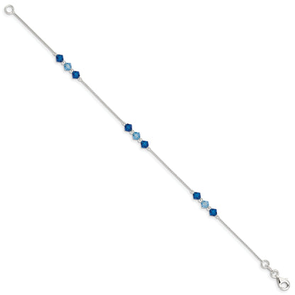 7.5 Inch Sterling Silver Polished Aquamarine Capri Blue Glass Bead Bracelet