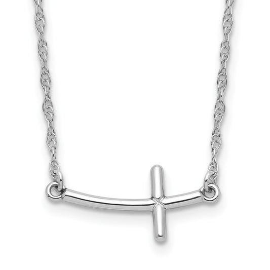 Sterling Silver Rhodium-Plated Small Sideways Curved Cross Necklace