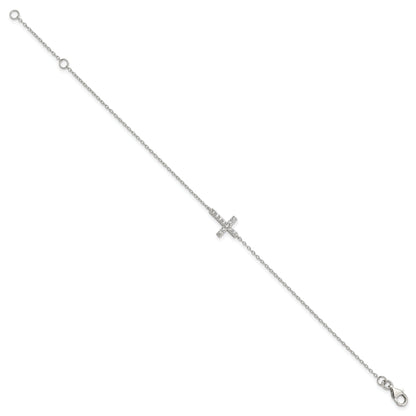 7 Inch Sterling Silver Rhodium-Plated Cz Sideways Cross W/1In Ext Bracelet