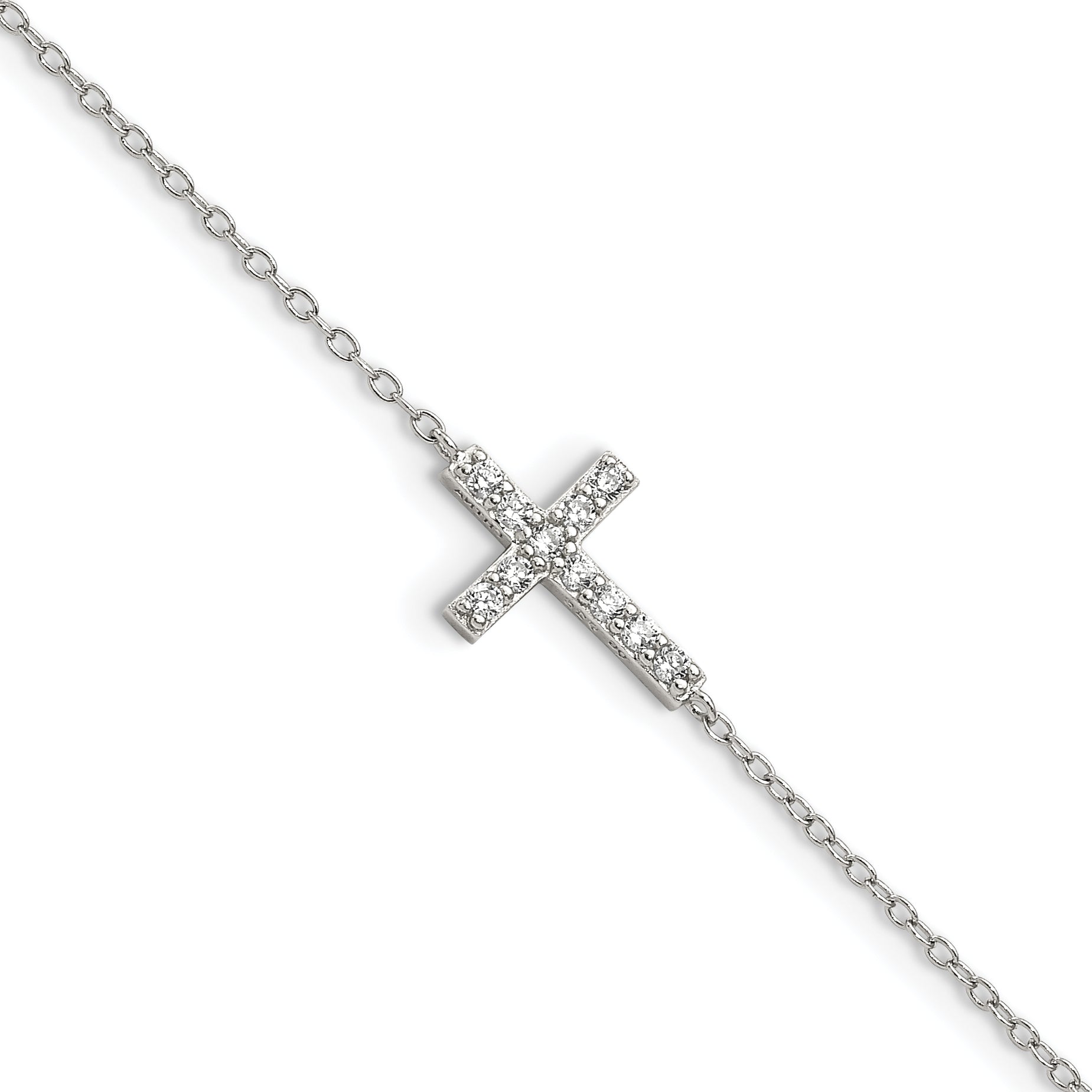 7 Inch Sterling Silver Rhodium-Plated Cz Sideways Cross W/1In Ext Bracelet