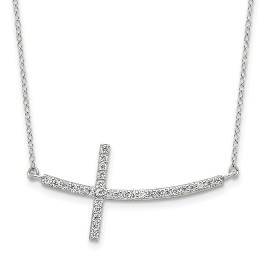 Sterling Silver Rhodium-Plated Cz Sideways Cross W/2In Ext Necklace