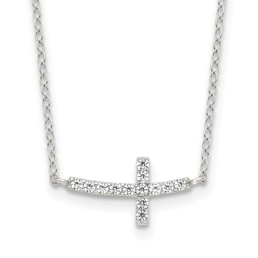 Sterling Silver Rhodium-Plated Cz Sideways Cross W/2In Ext Necklace